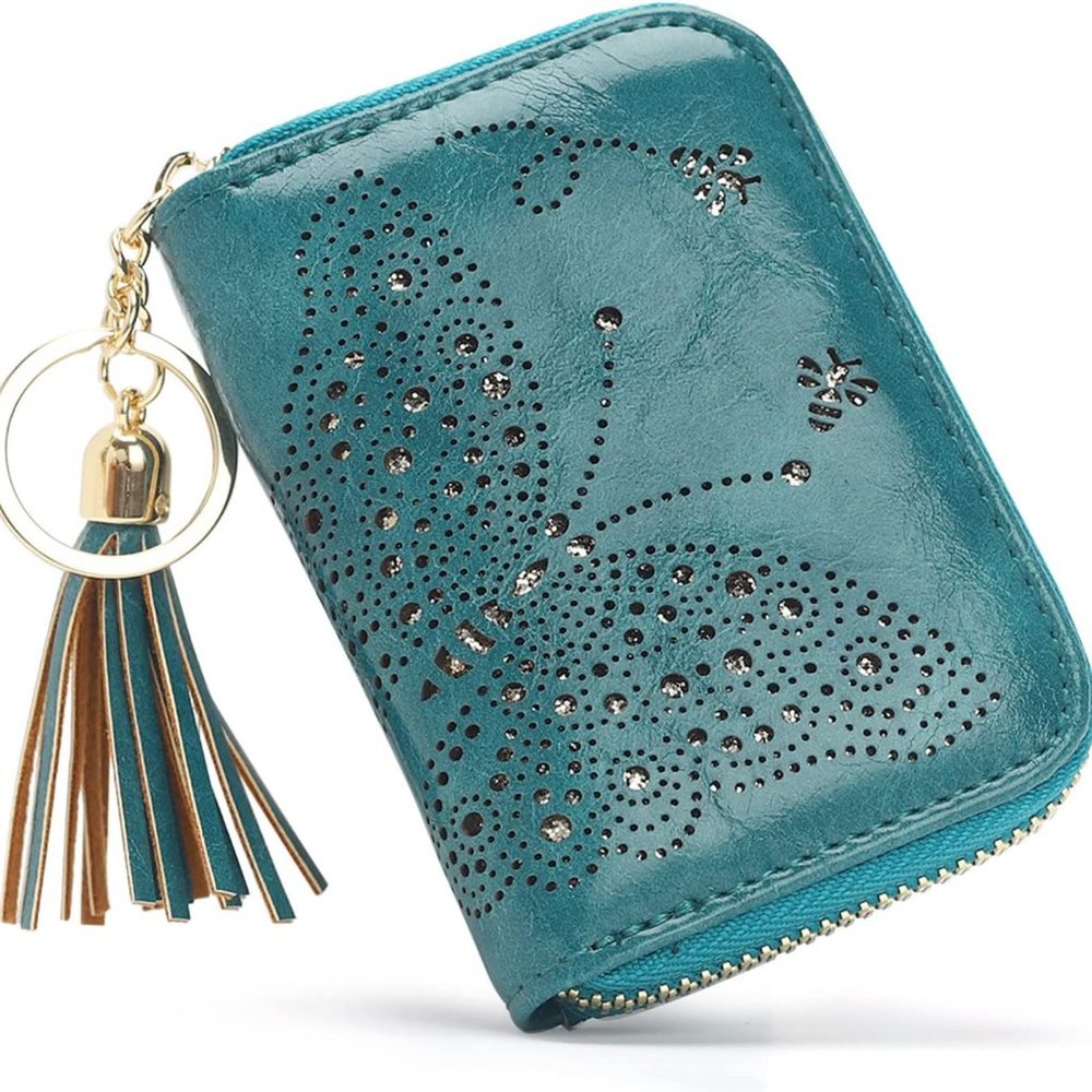 Credit Card Holder Butterfly Purse Small Vegan-Leather Zipper Card Case Wallets